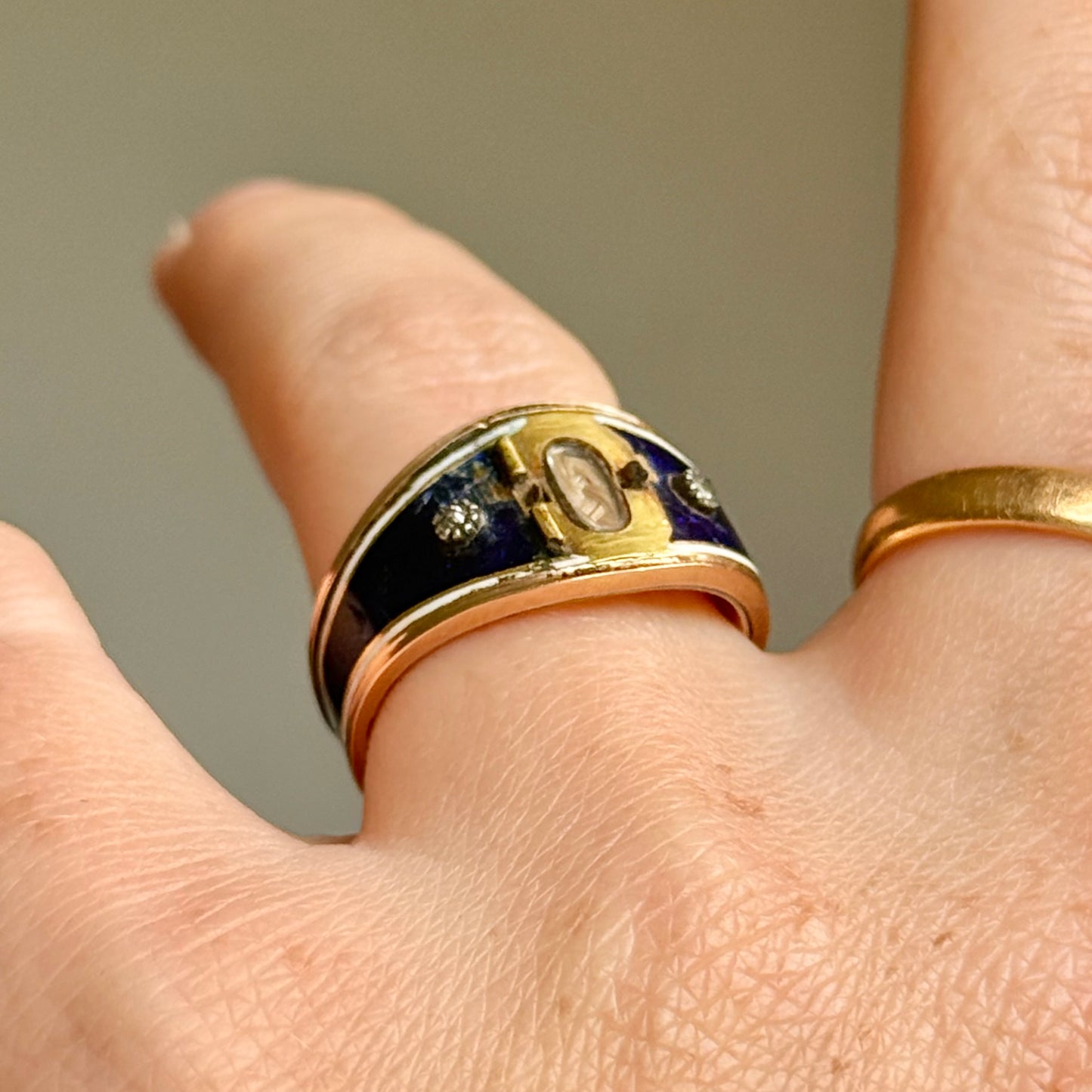 Antique Diamond & Enamel Locket Ring in 15 Carat Gold; Circa 1837