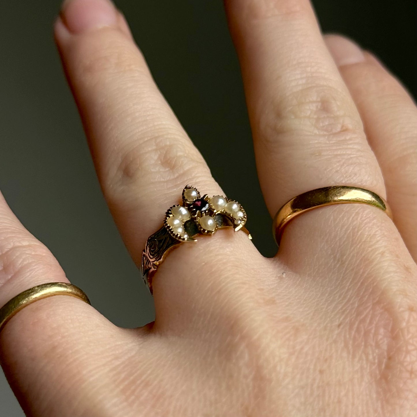 Antique Swallow Garnet & Pearl Signet Ring in 9 Carat Gold
