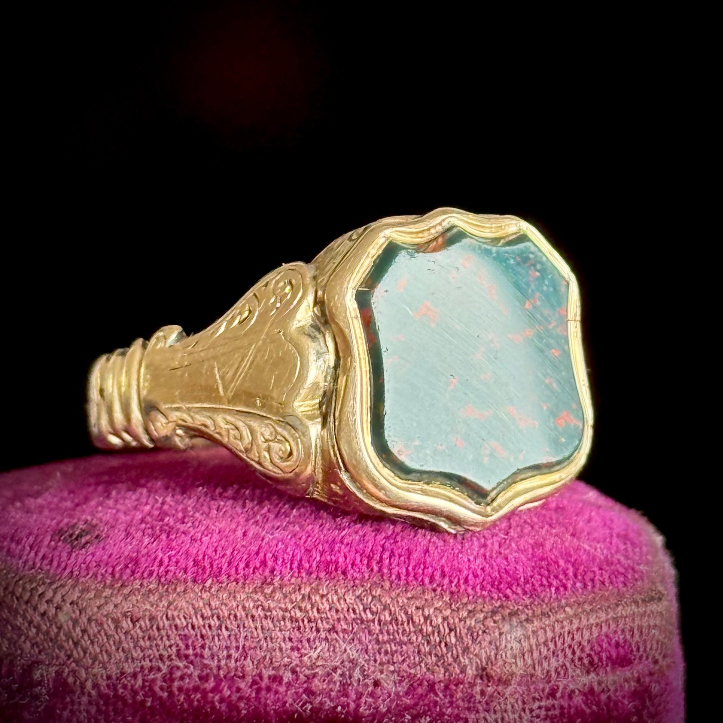 Victorian Bloodstone Locket Signet Ring; Circa 1870