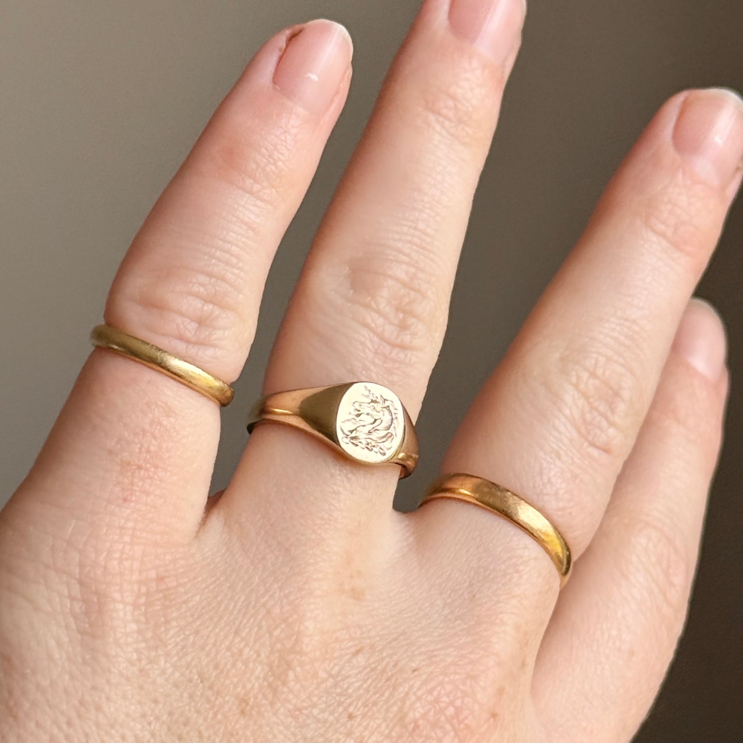 Vintage Unicorn Heraldic Signet Ring in 9 Carat Gold; Circa 1989
