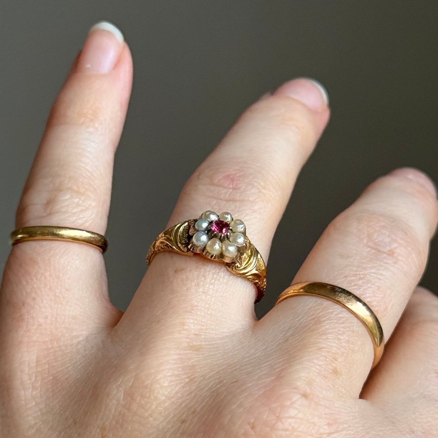 Victorian Rhodolite Garnet & Pearl Sentimental Ring in 18 Carat Gold; Circa 1880