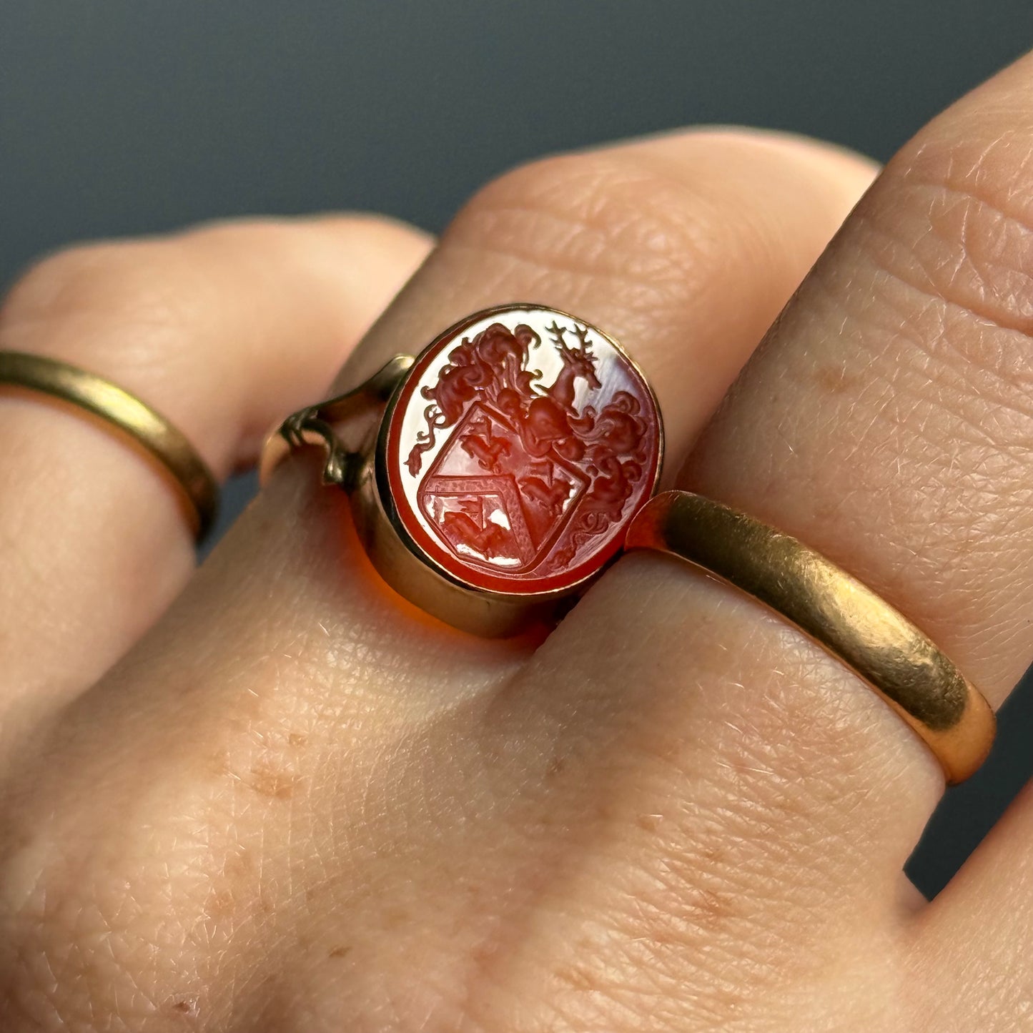 Vintage Ornate Carnelian Intaglio Ring in 9 Carat Gold; Circa 1989