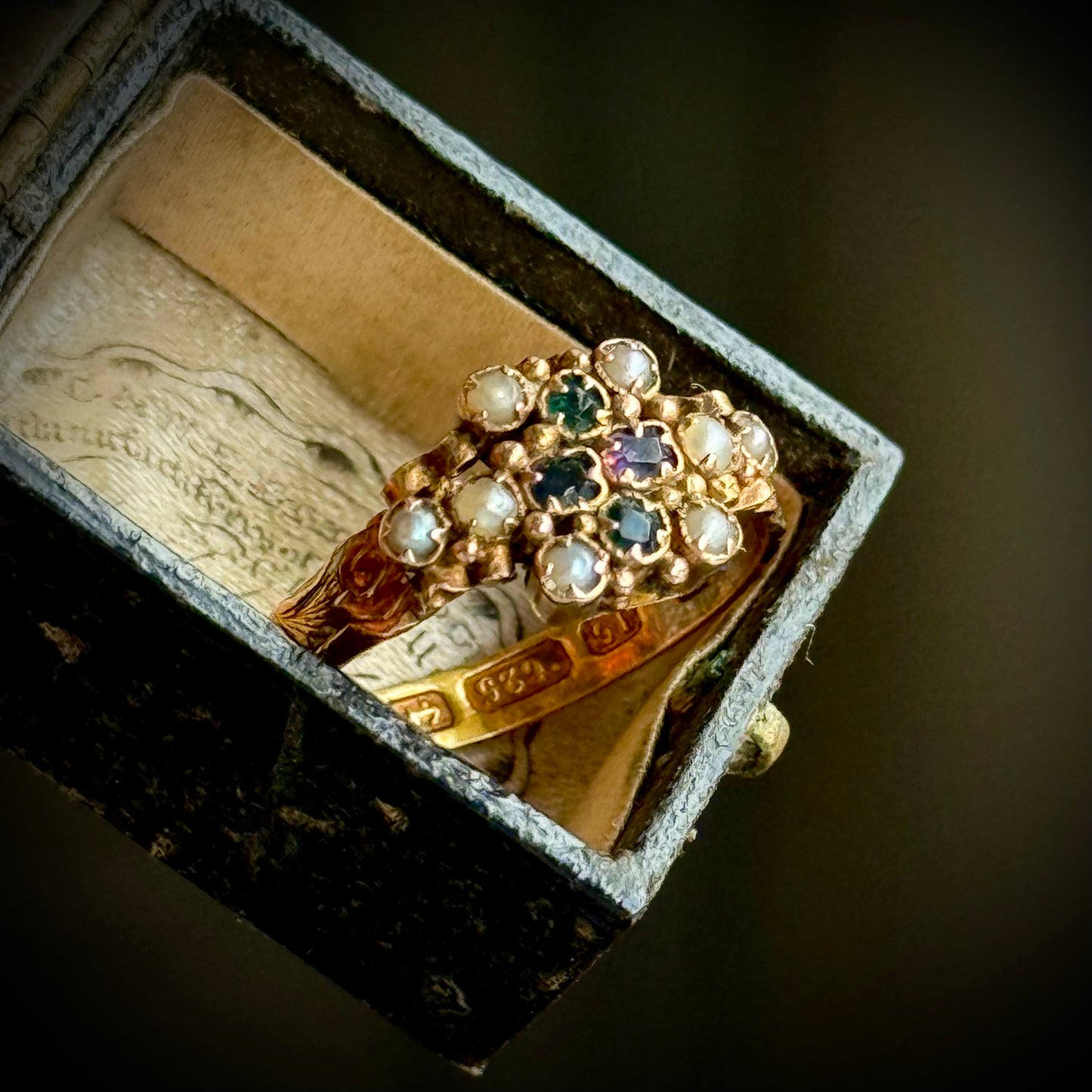 Antique Ornate Gemstone Ring in 15 Carat Gold; Circa 1873