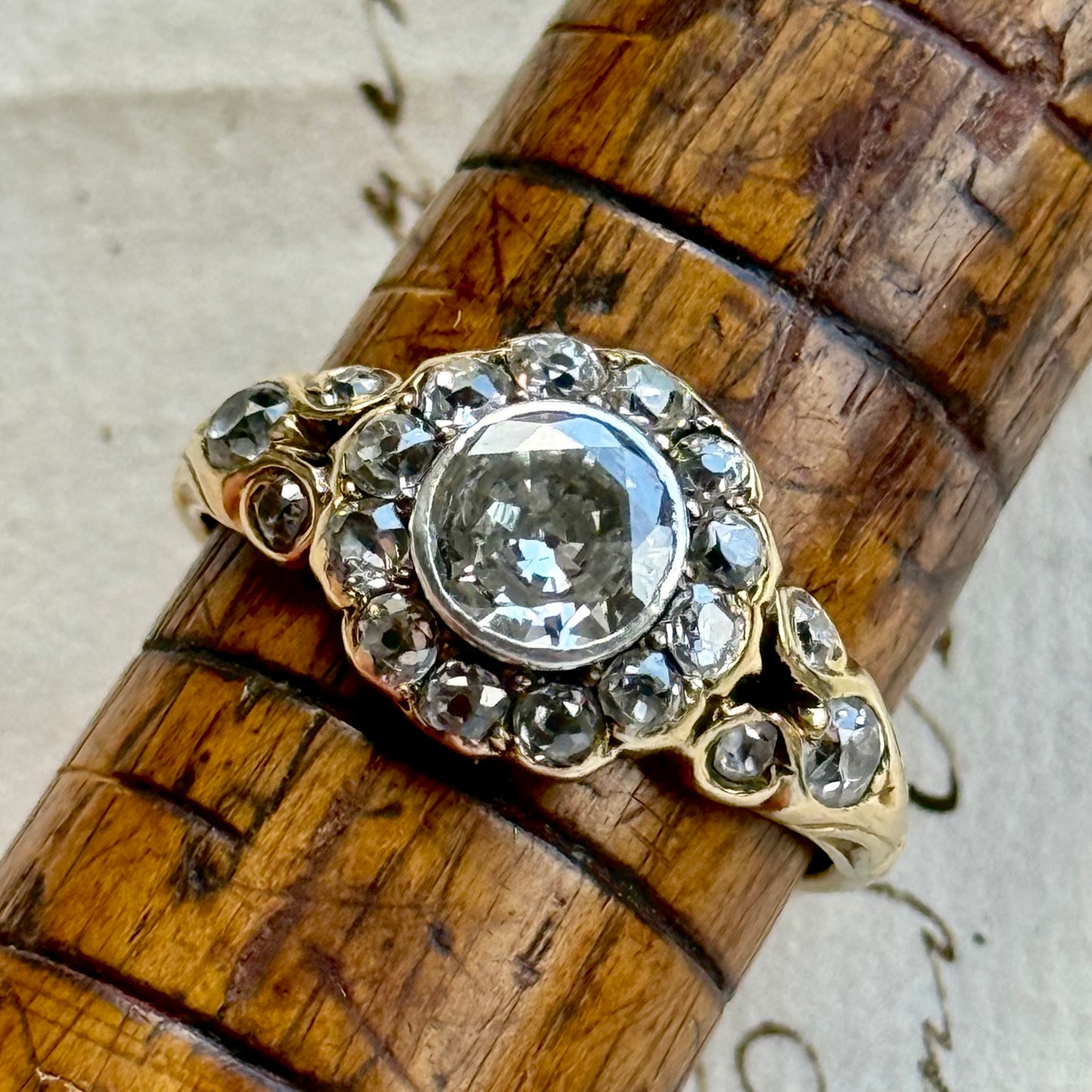 Boxed Vintage Old Cut Diamond Cluster Ring in 18 Carat Gold
