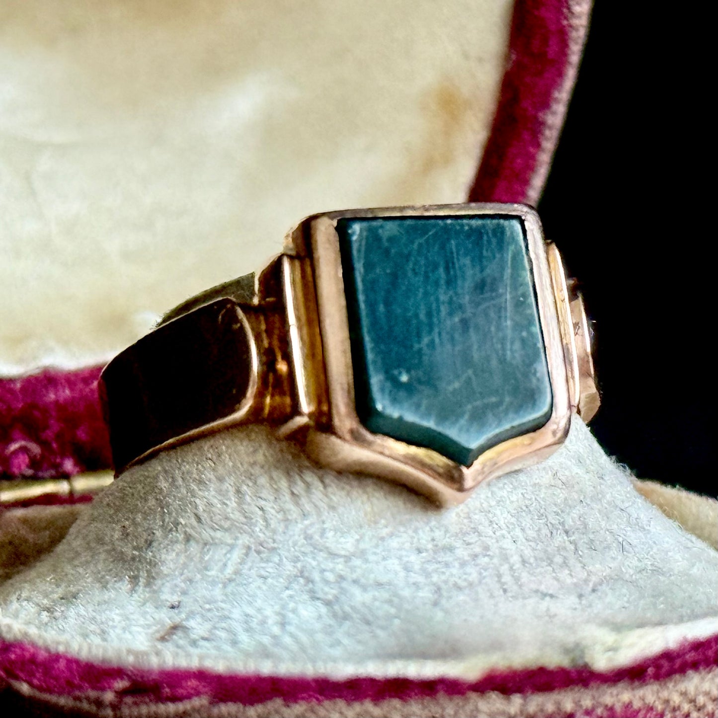 Antique Victorian Bloodstone Signet Ring in 9 Carat Rose Gold; Circa 1899