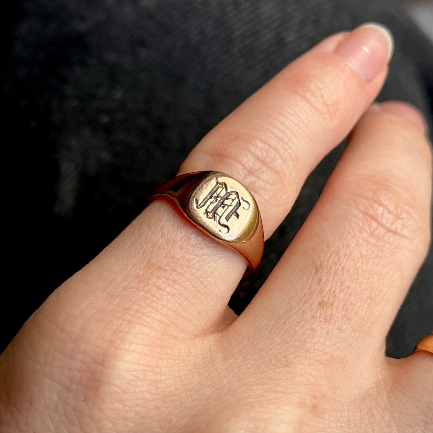 Antique Monogram 'M' Signet Ring in 9 Carat Rose Gold; Circa 1919