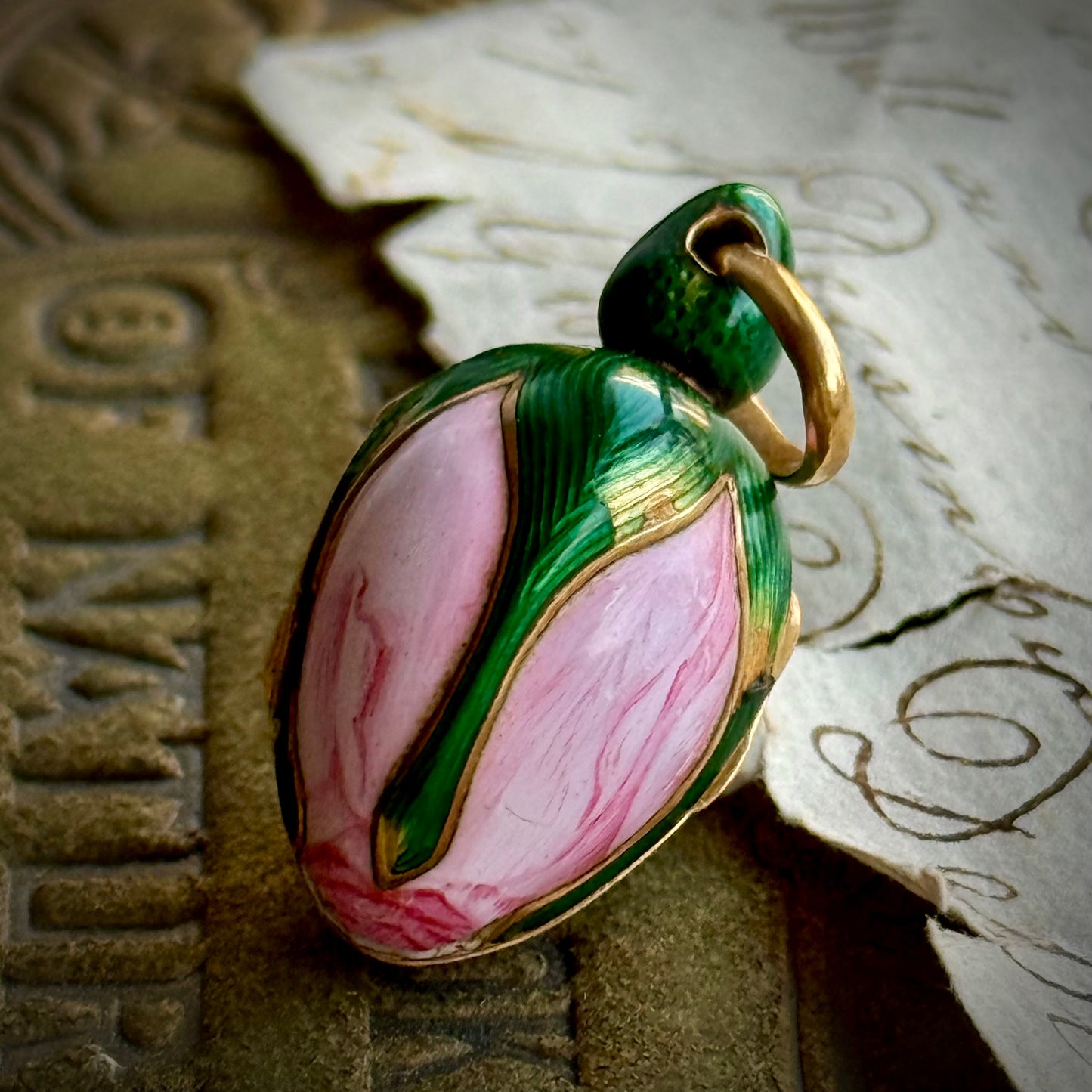 Antique French Victorian Rosebud Locket Enamel Pendant; Circa 1853