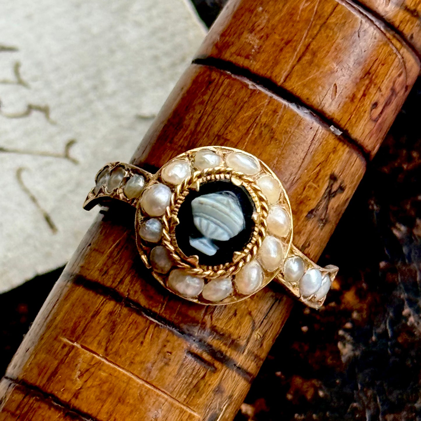 Antique Victorian Pearl Urn Mourning Ring in 15 Carat Gold