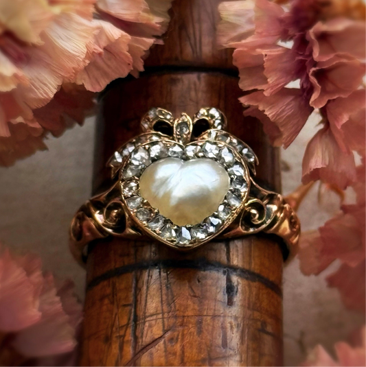 Antique Boxed Georgian Pearl & Diamond Ring in 18 Carat Gold; Circa 1800