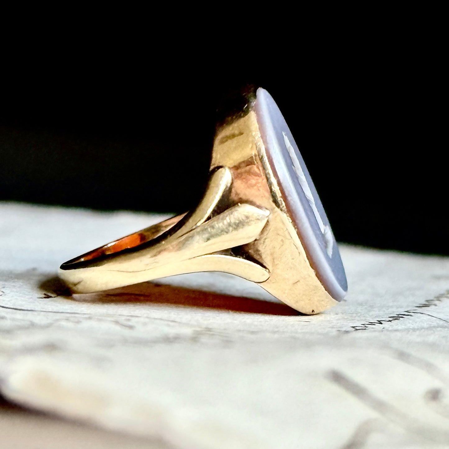 Tiny Sardonyx Hand Intaglio Ring in 9 Carat Gold; Circa 1980