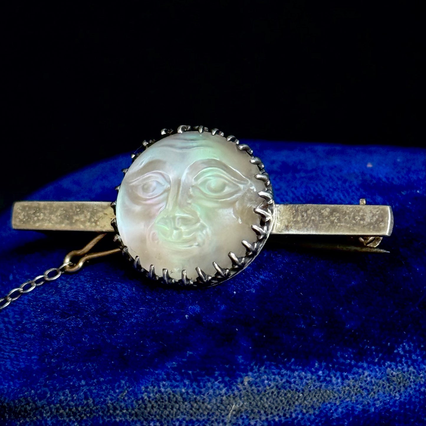 Victorian Man in the Moon Silver Brooch