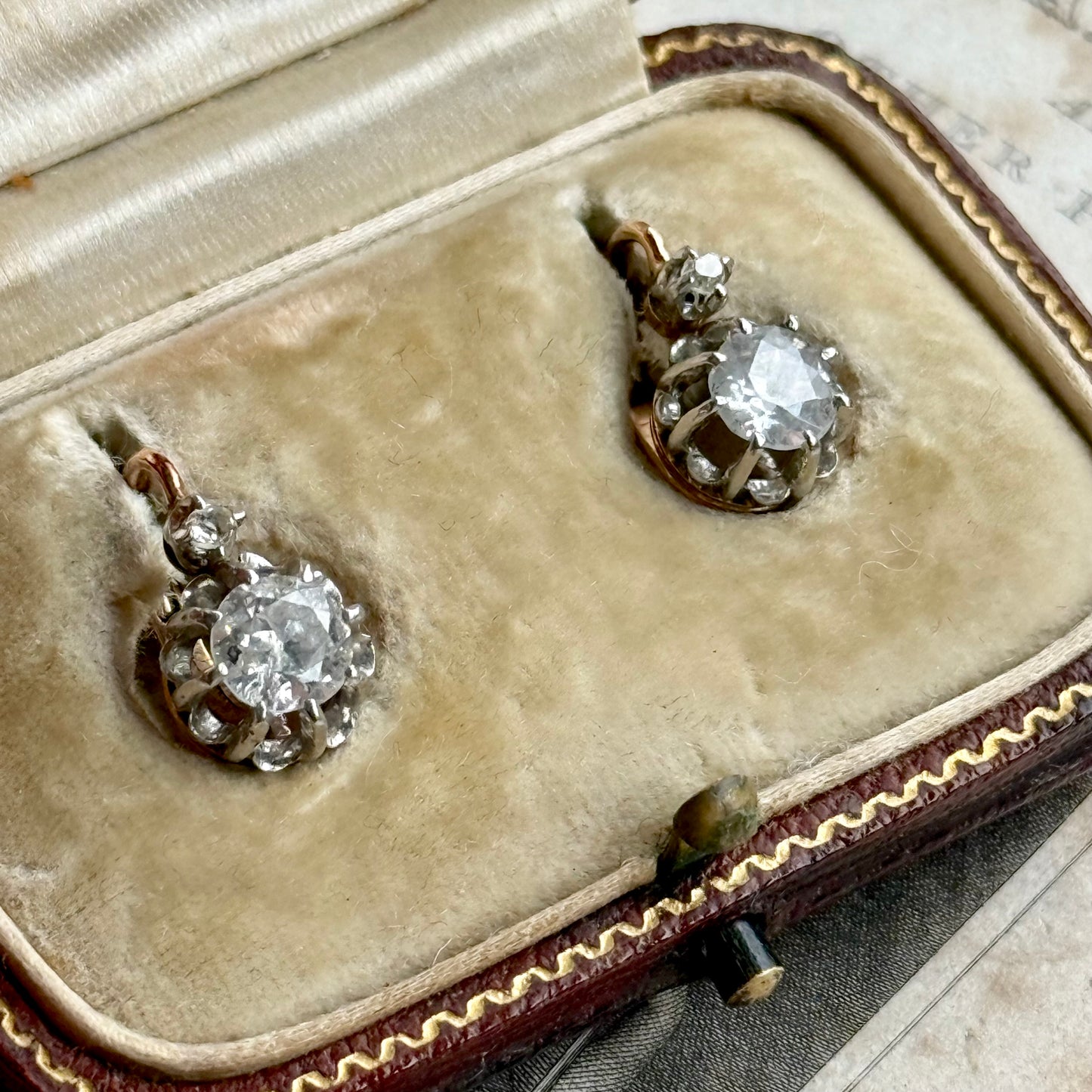 Antique French Diamond Earrings in 18 Carat Gold with Original Box