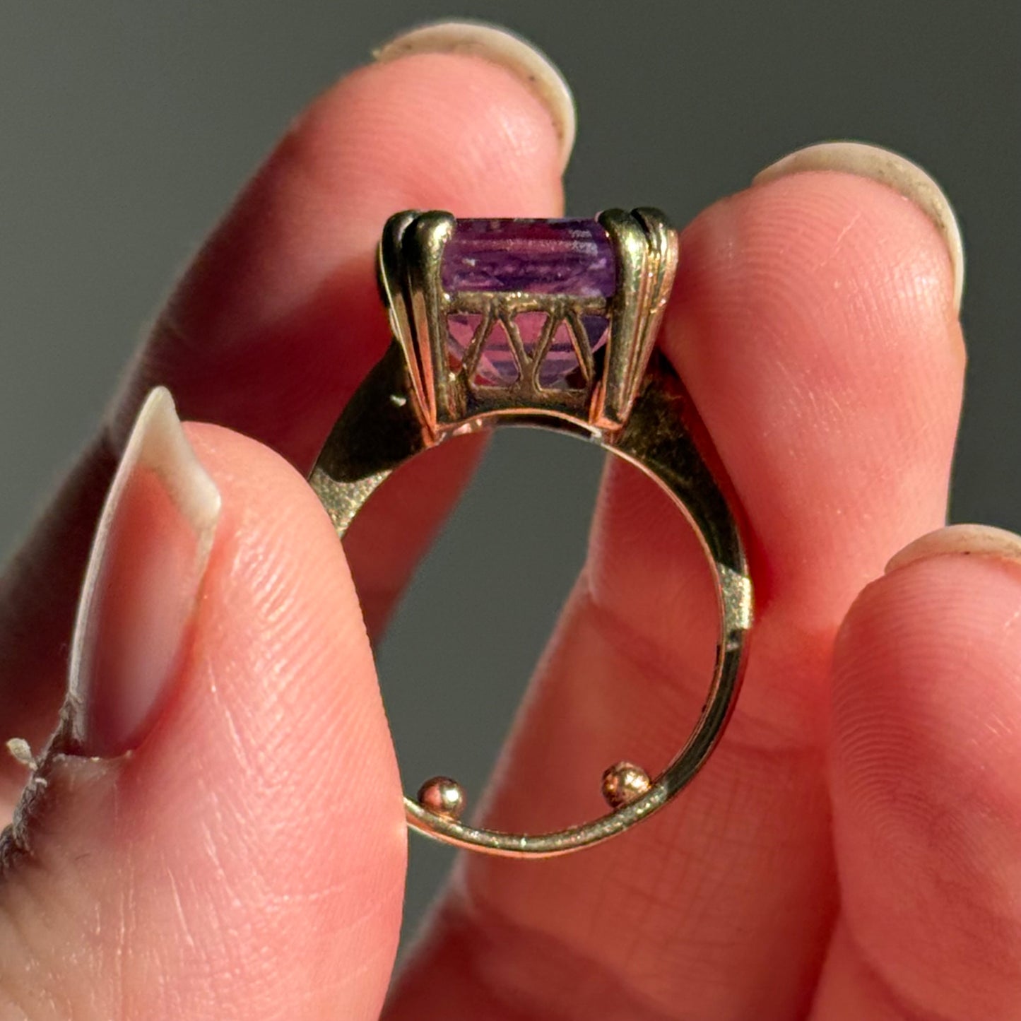 Vintage Amethyst Intaglio “May It Watch Over You” Ring in 9 Carat Gold