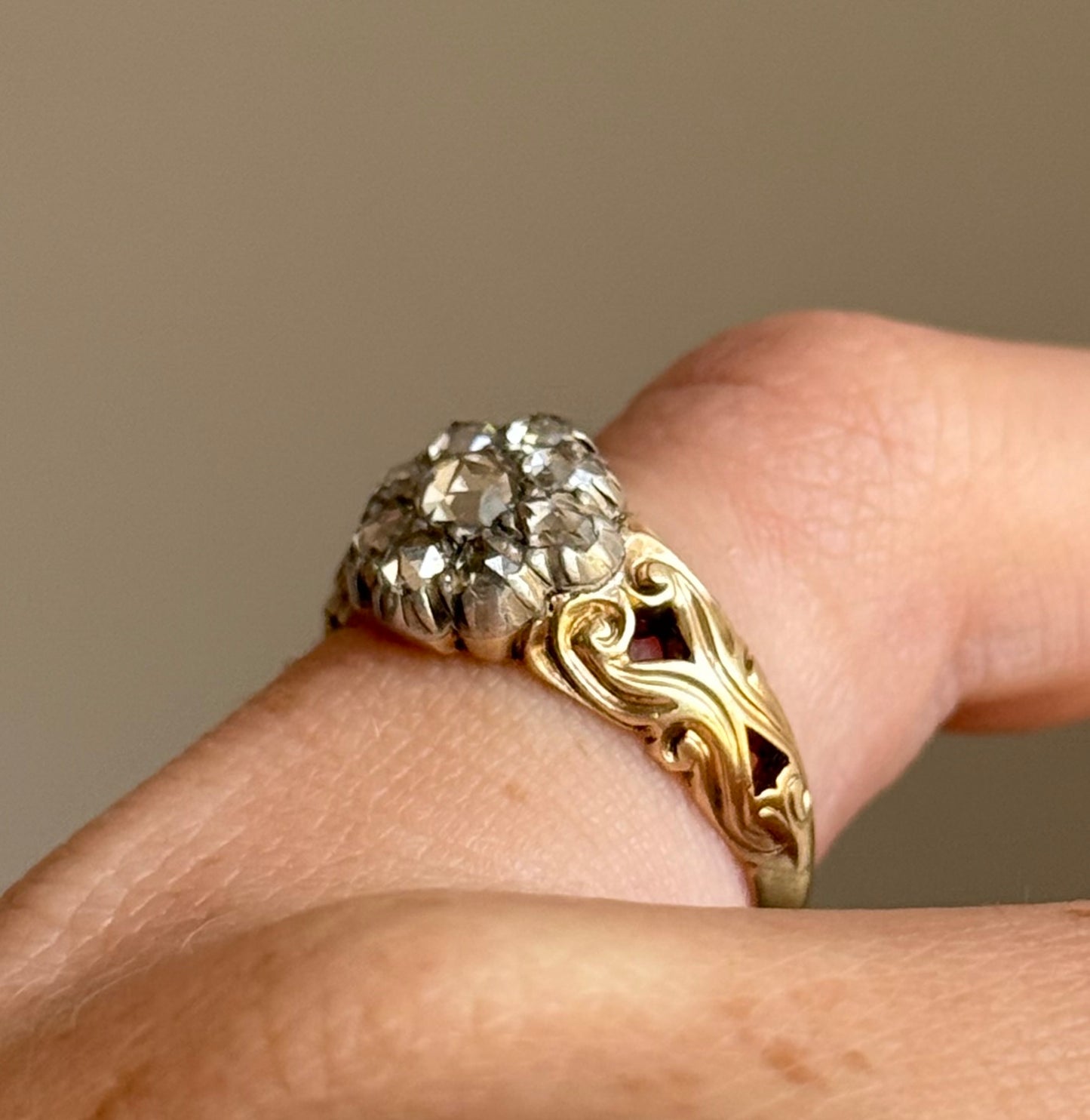 Victorian Rose Cut Diamond Cluster Ring in 15 Carat Gold, Circa 1860