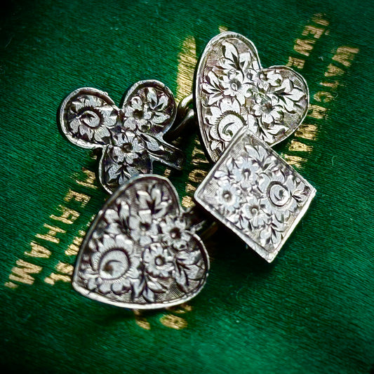 Victorian Silver Playing Card Suit Cufflinks; Circa 1898