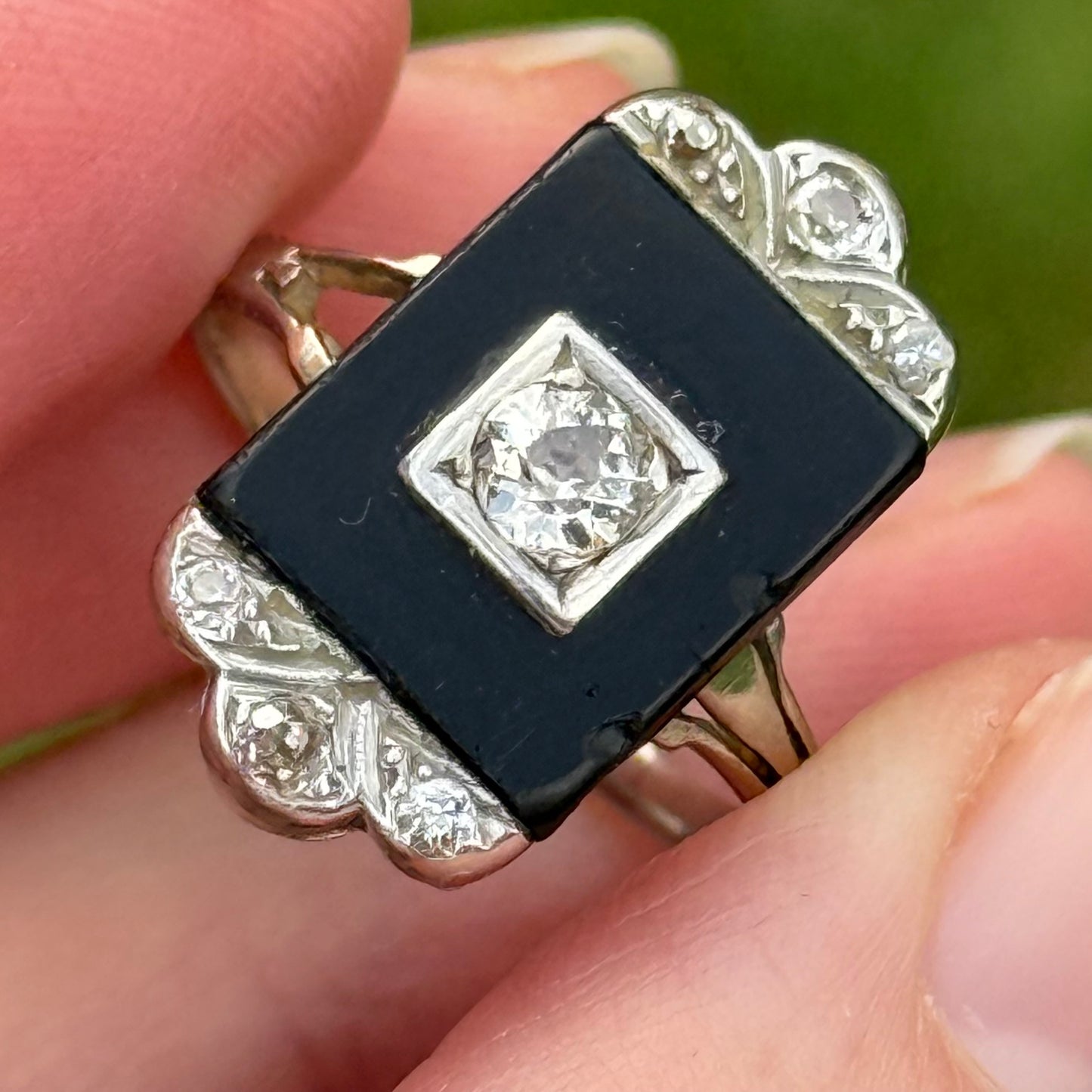 Antique Art Deco Onyx & Diamond Ring; Circa 1920
