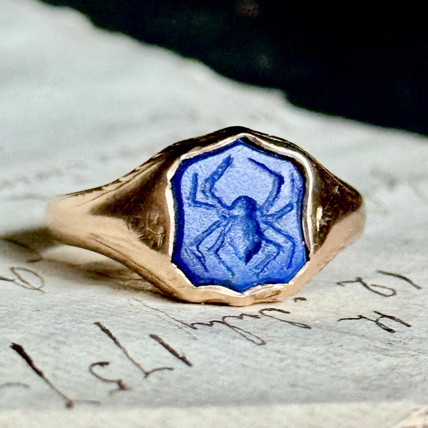 Spider Carved Lapis Lazuli Ring in 15 Carat Gold