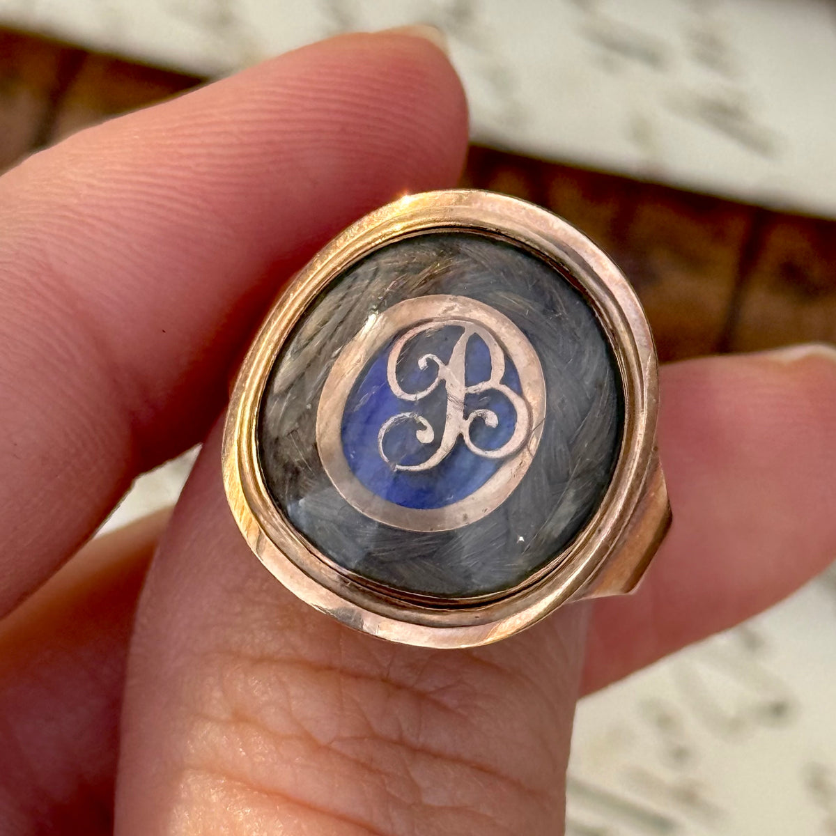 Antique Georgian Mourning Ring in 9 Carat Rose Gold; circa 1795