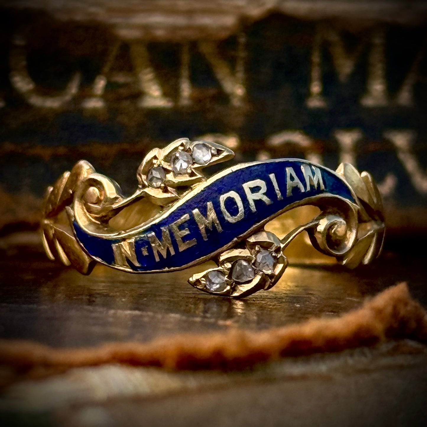Antique Victorian Enamel & Diamond Mourning Ring