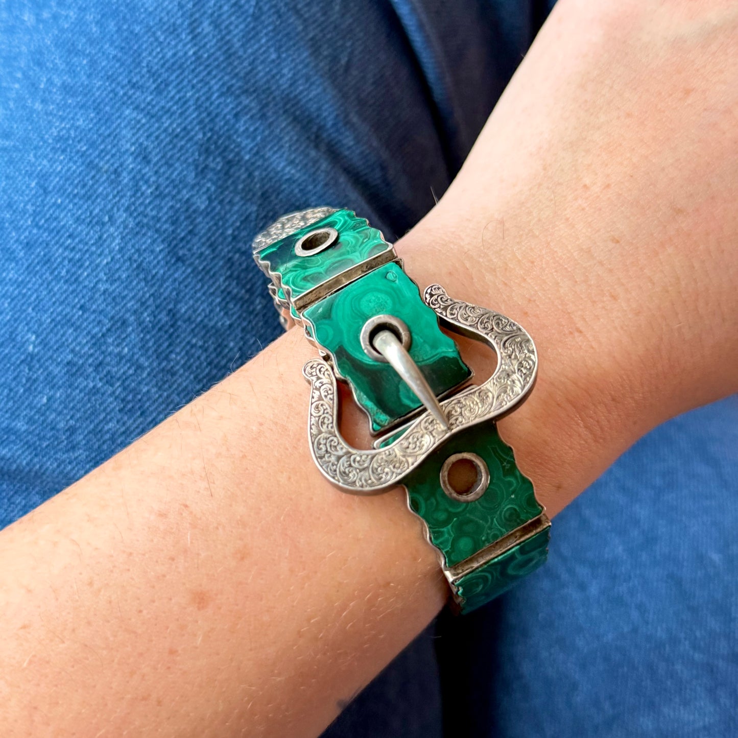 Antique Silver and Malachite Buckle Bracelet