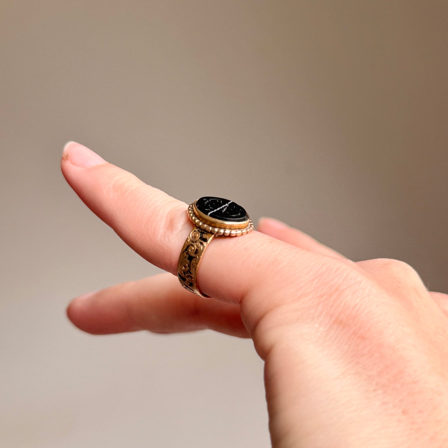 Victorian Intaglio Agate Mourning Ring'; Circa 1867