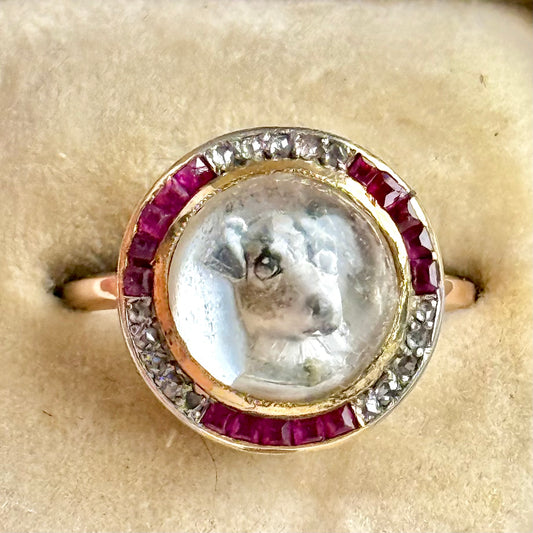 Victorian Essex Crystal, Diamond & Ruby Dog Ring, circa 1880