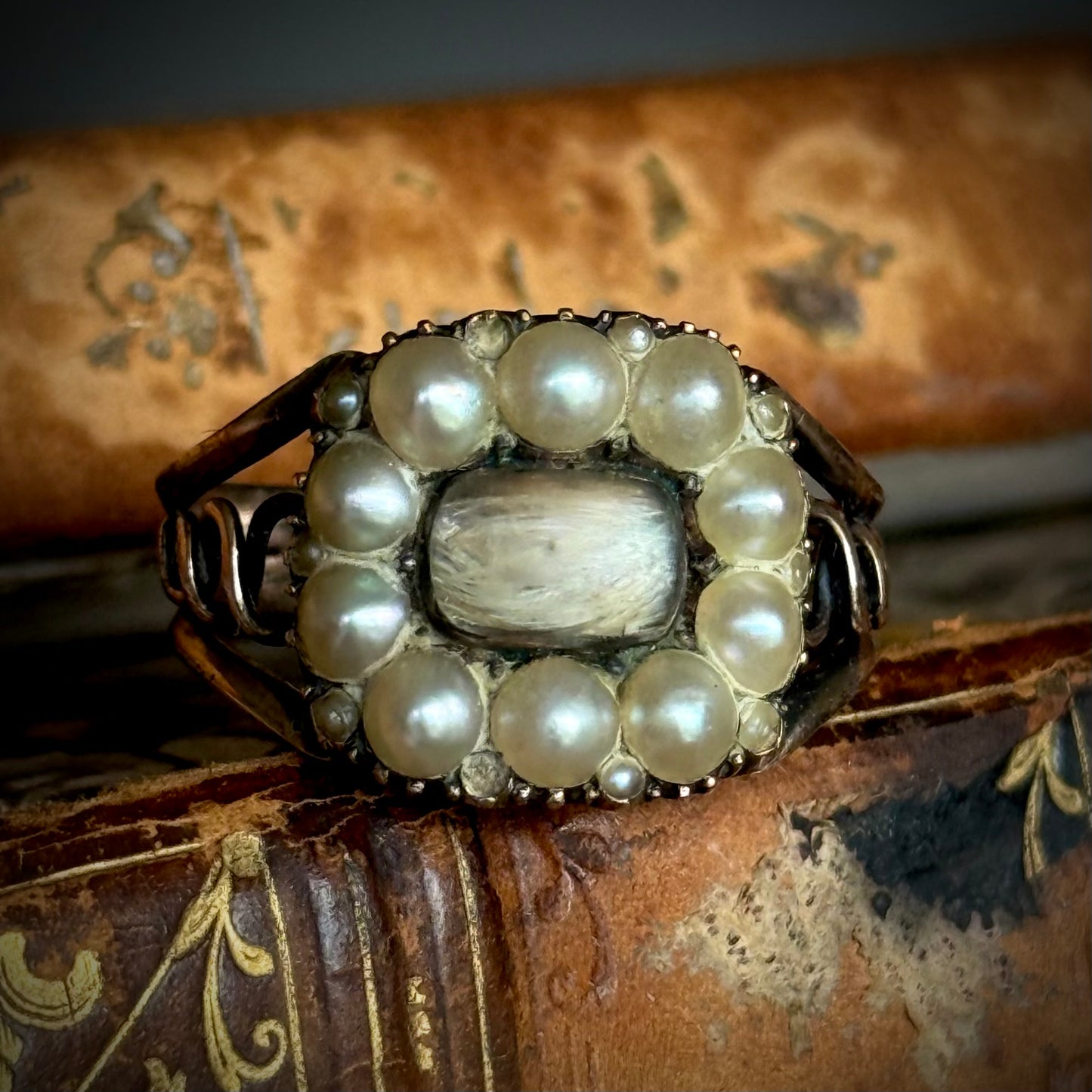 Georgian Pearl Mourning Ring in 9 Carat Gold; Circa 1812