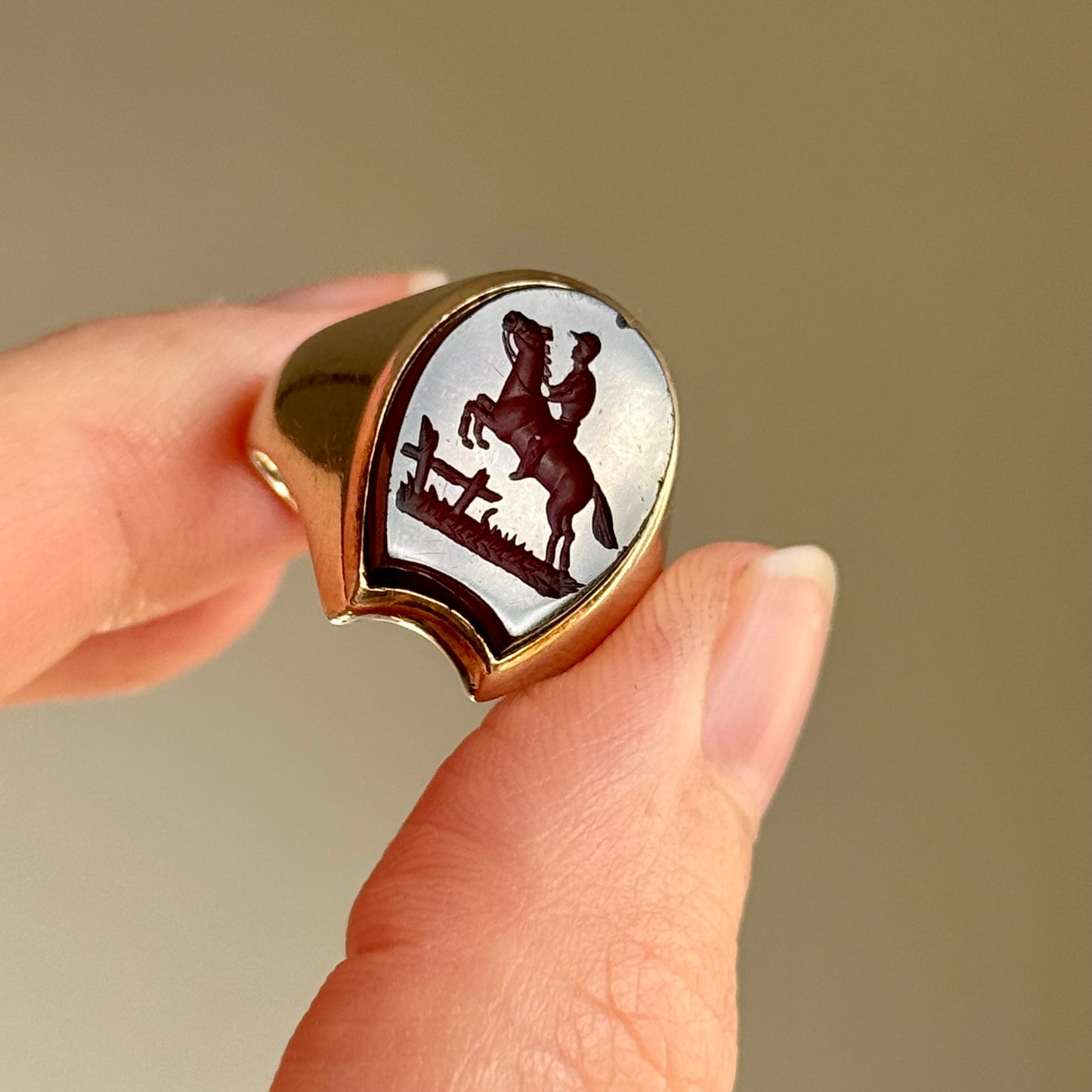 Antique Horseshoe Carnelian Signet Ring in 9 Carat Gold; Circa 1890