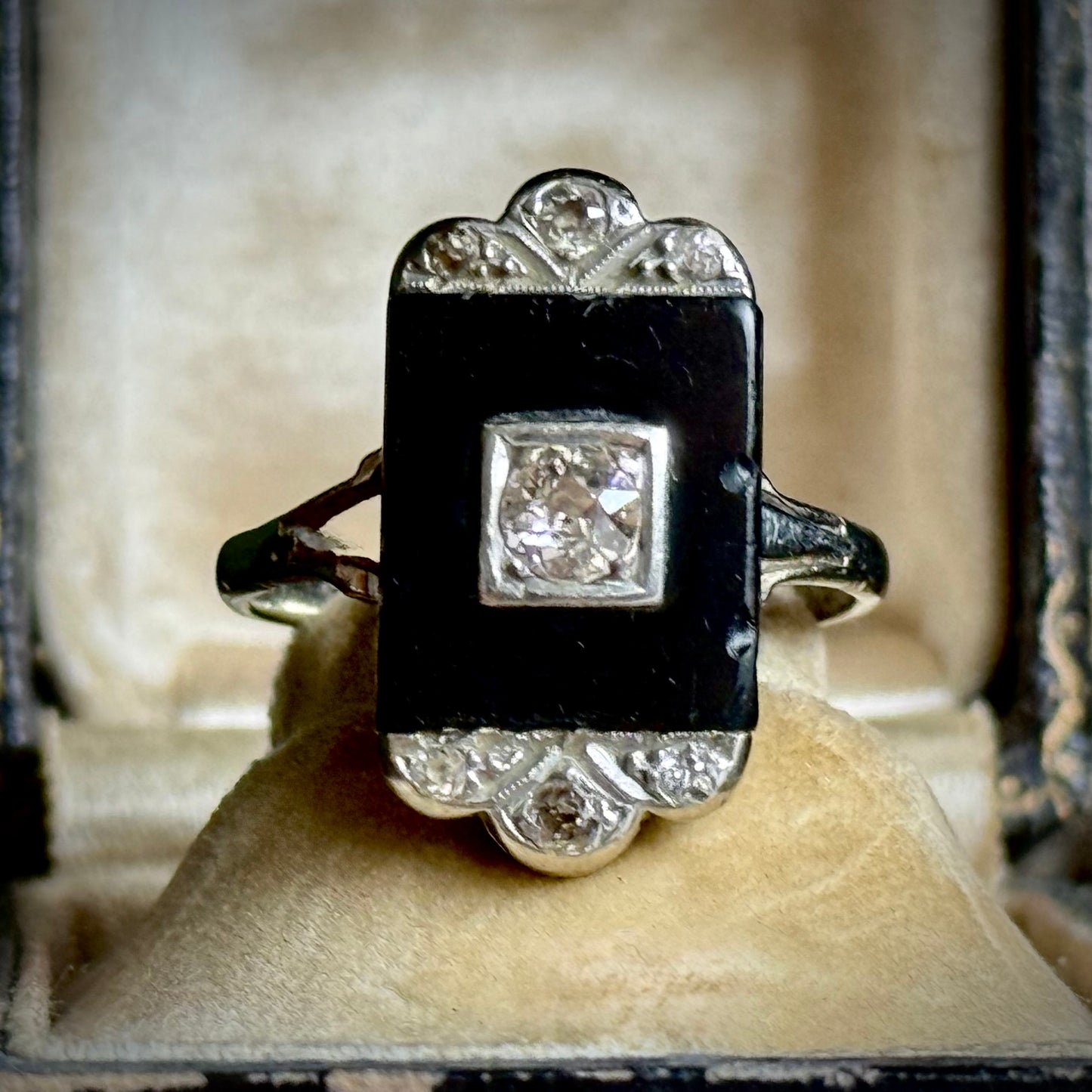 Antique Art Deco Onyx & Diamond Ring; Circa 1920