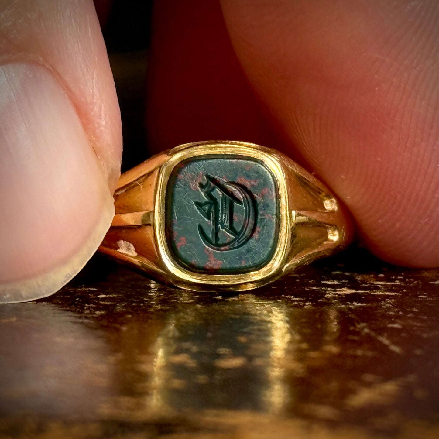 Antique Bloodstone 'E' Signet Ring in 18 Carat Gold