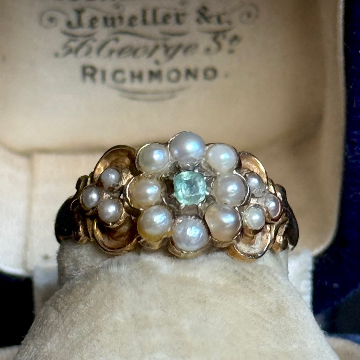 Antique Emerald & Pearl Ring in 9 Carat Gold; Circa 1850