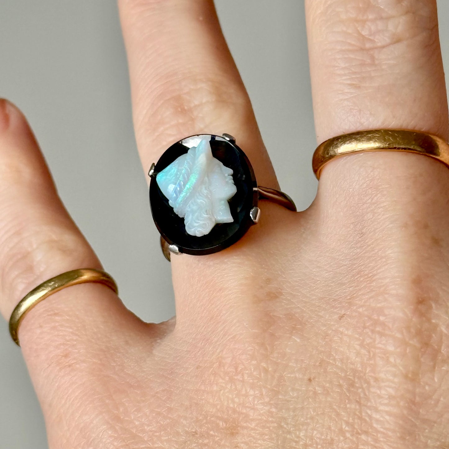 Antique Opal & Onyx Cameo ring in Platinum & Gold; Circa 1910
