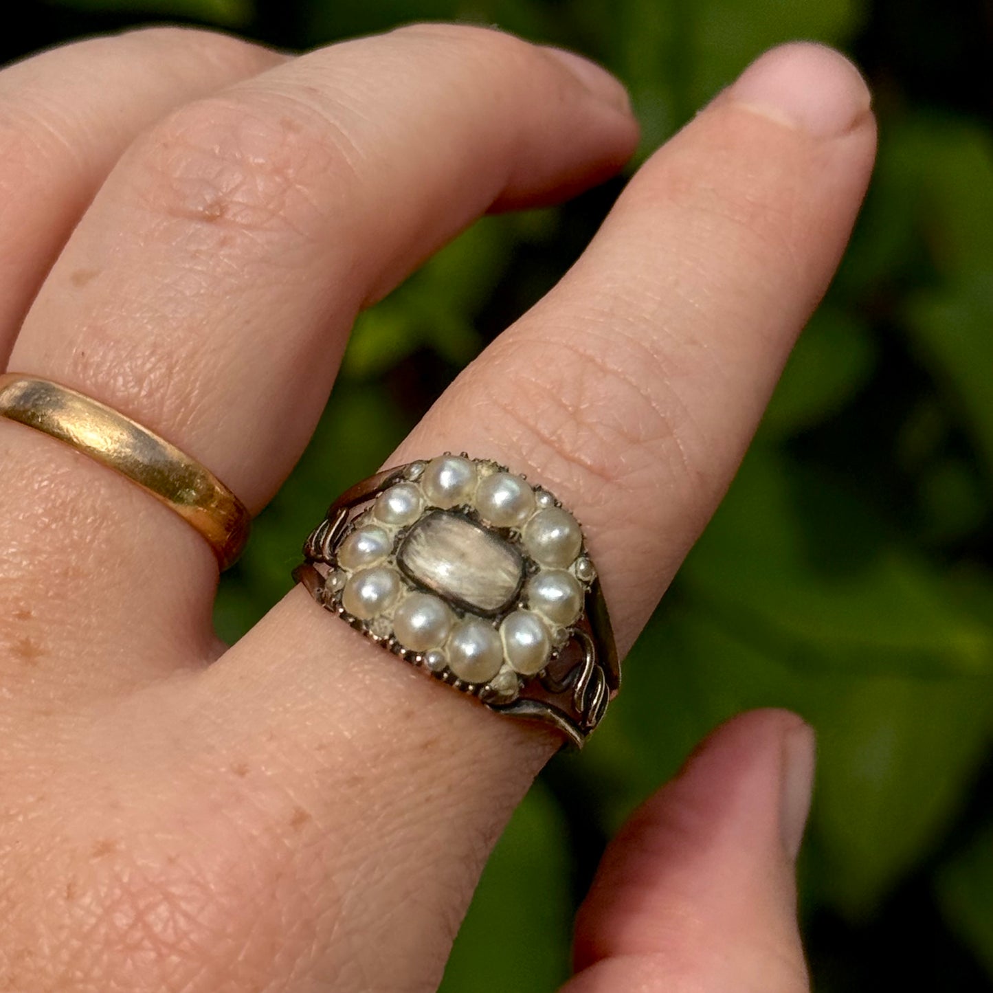 Georgian Pearl Mourning Ring in 9 Carat Gold; Circa 1812