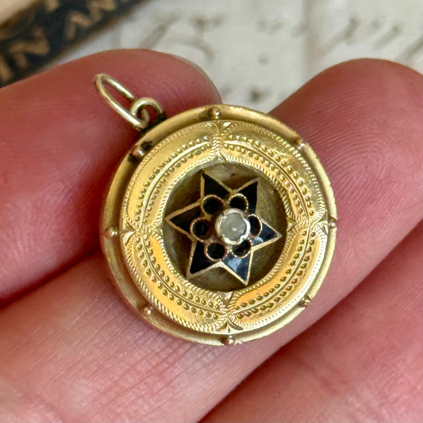 Antique Victorian Enamel Disc Pendant; Circa 1890