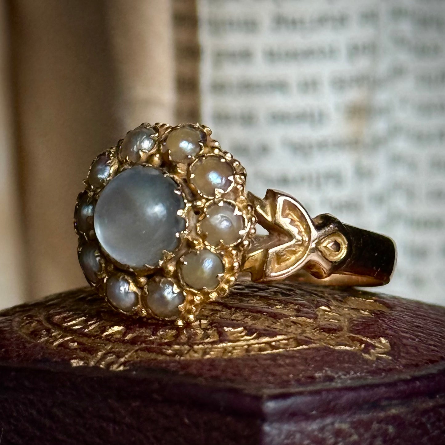 Antique Moonstone & Pearl Ring in 15 Carat Gold