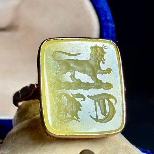 Antique Chrysoprase Intaglio Lion Ring in 9 Carat Gold; Circa 1900