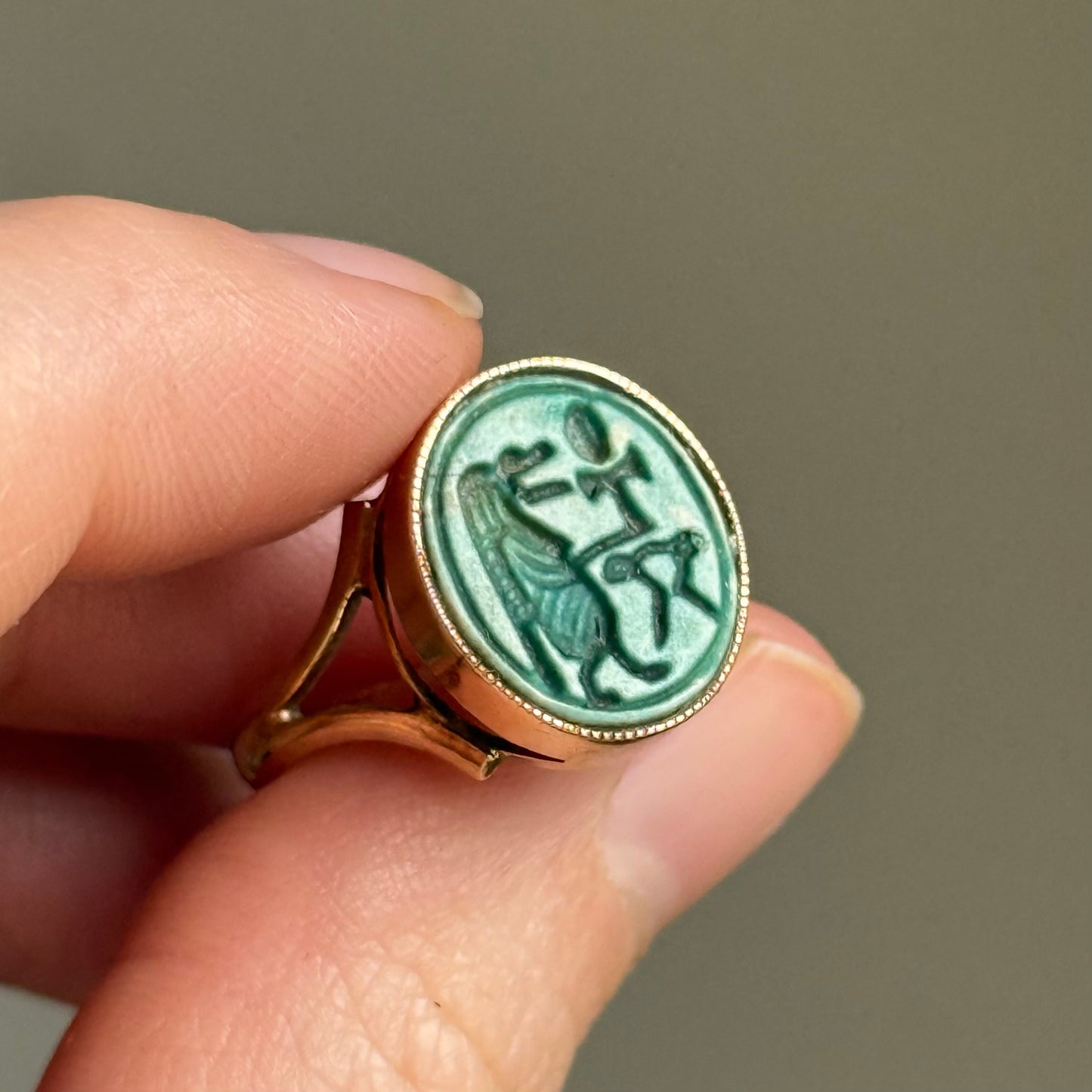 Antique Glazed Egyptian God Faience Ring in 9 Carat Gold