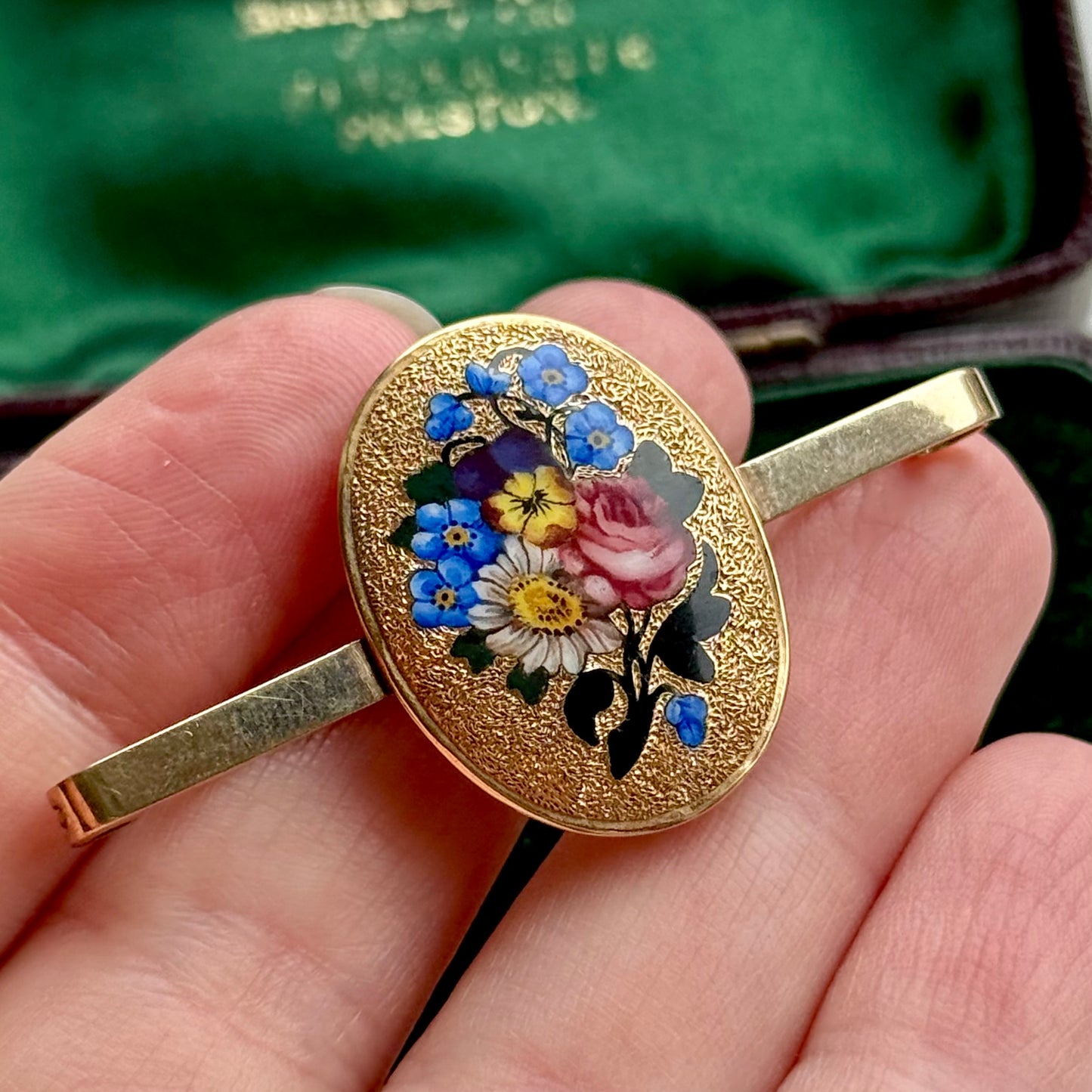 Boxed Antique Enamel Floral Brooch in 9 Carat Gold