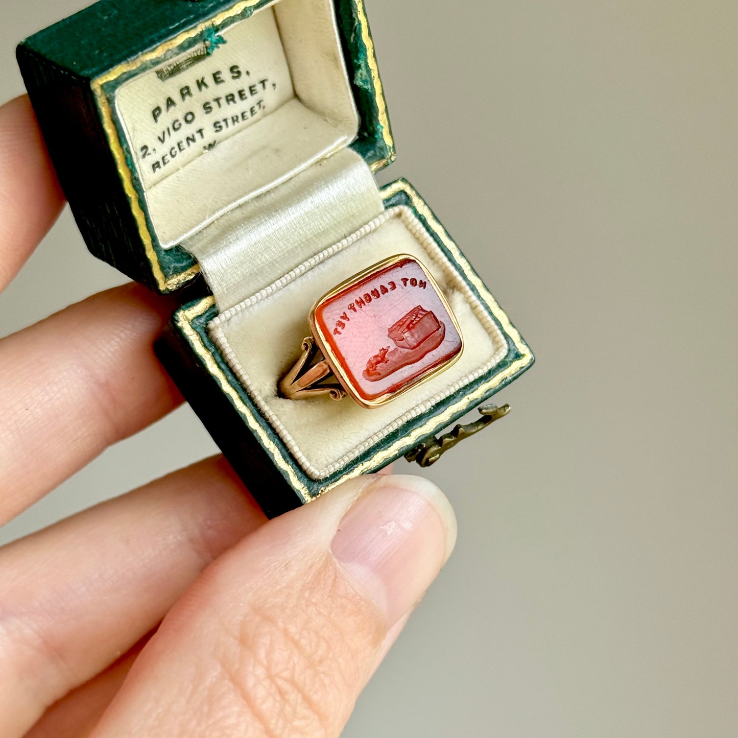 Georgian Carnelian Intaglio Seal Ring  “Not Caught Yet” Mousetrap; Circa 1830