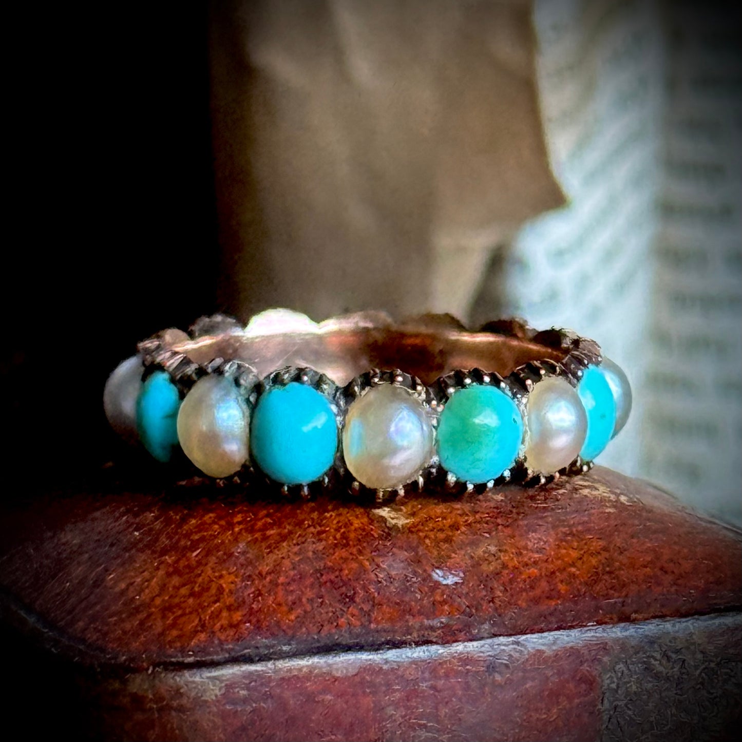 Georgian Rare Turquoise & Pearl Full Eternity in 9 Carat Gold