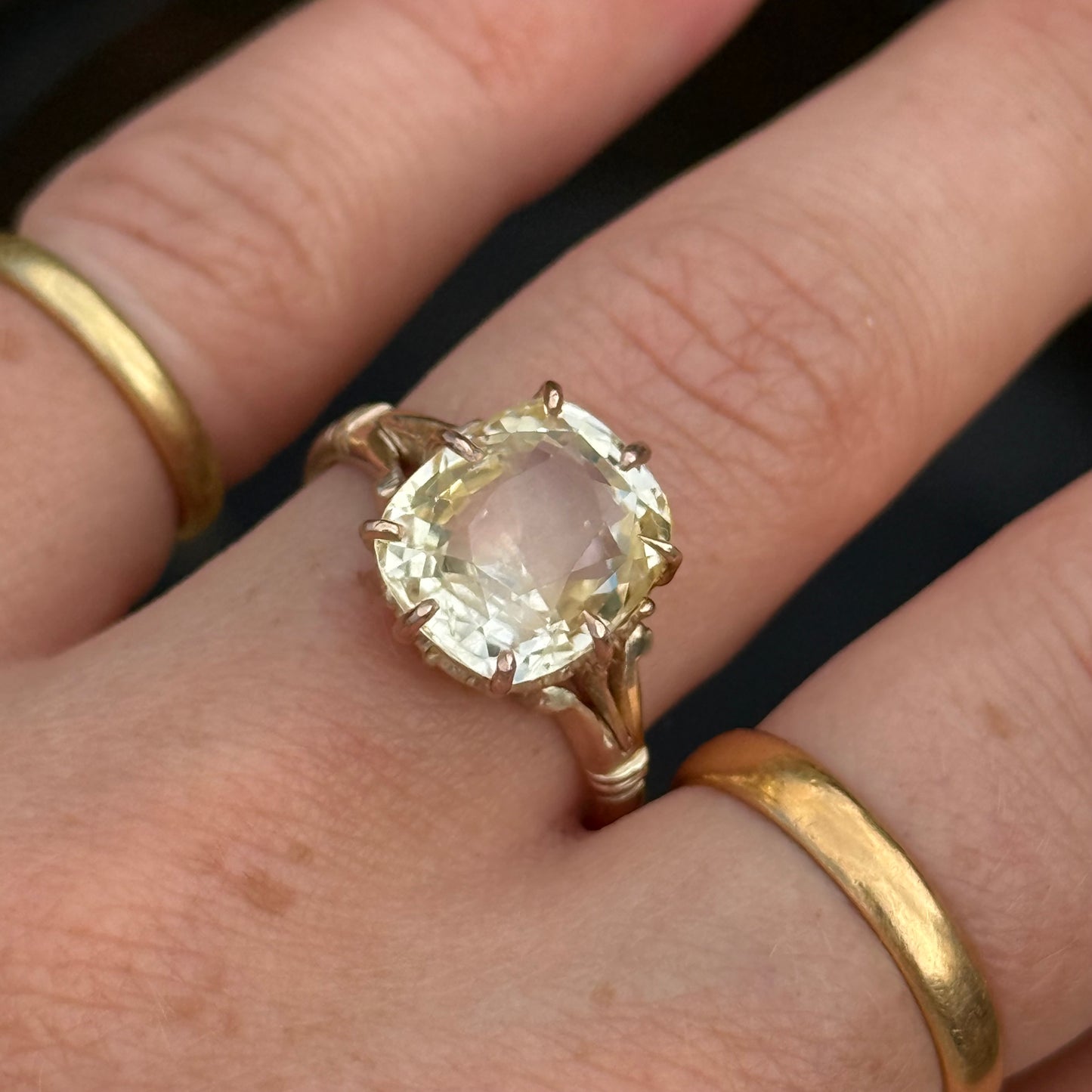 Antique Yellow Sapphire Cushion Cut Ring; Circa 1910