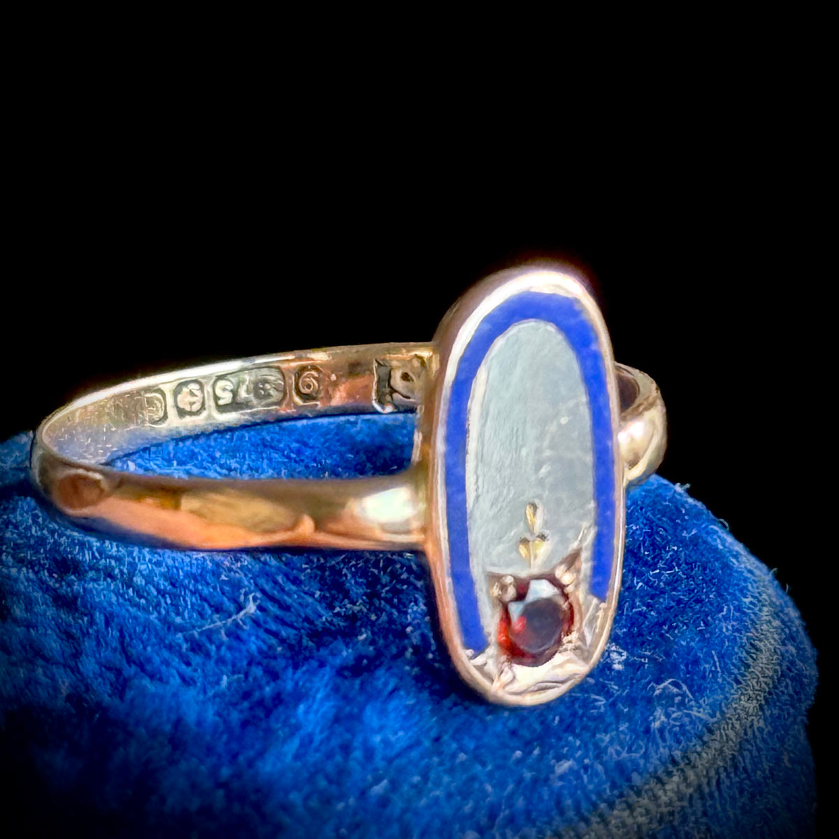 Antique Garnet & Enamel Ring in 9 Carat Gold; Circa 1910