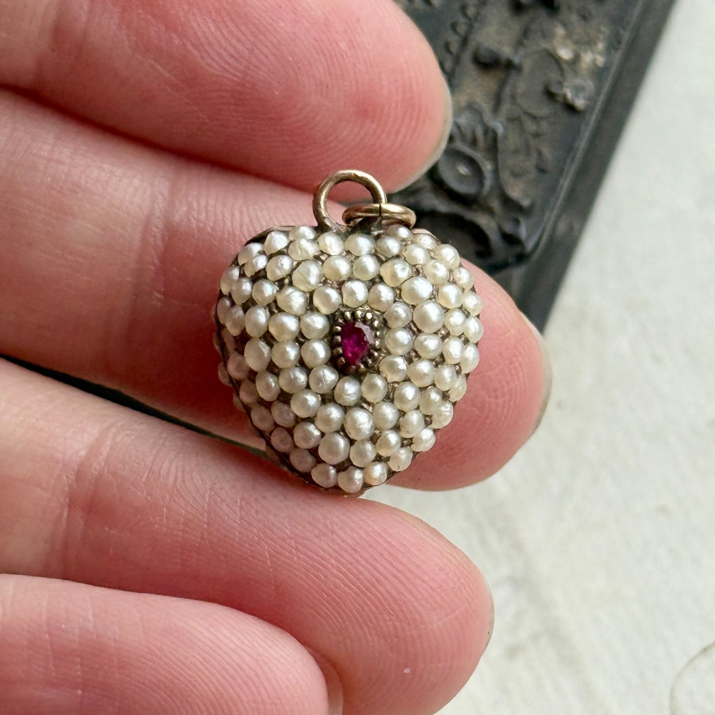 Georgian Seed Pearl & Ruby Heart Locket Pendant in 15 Carat Gold; Circa 1800
