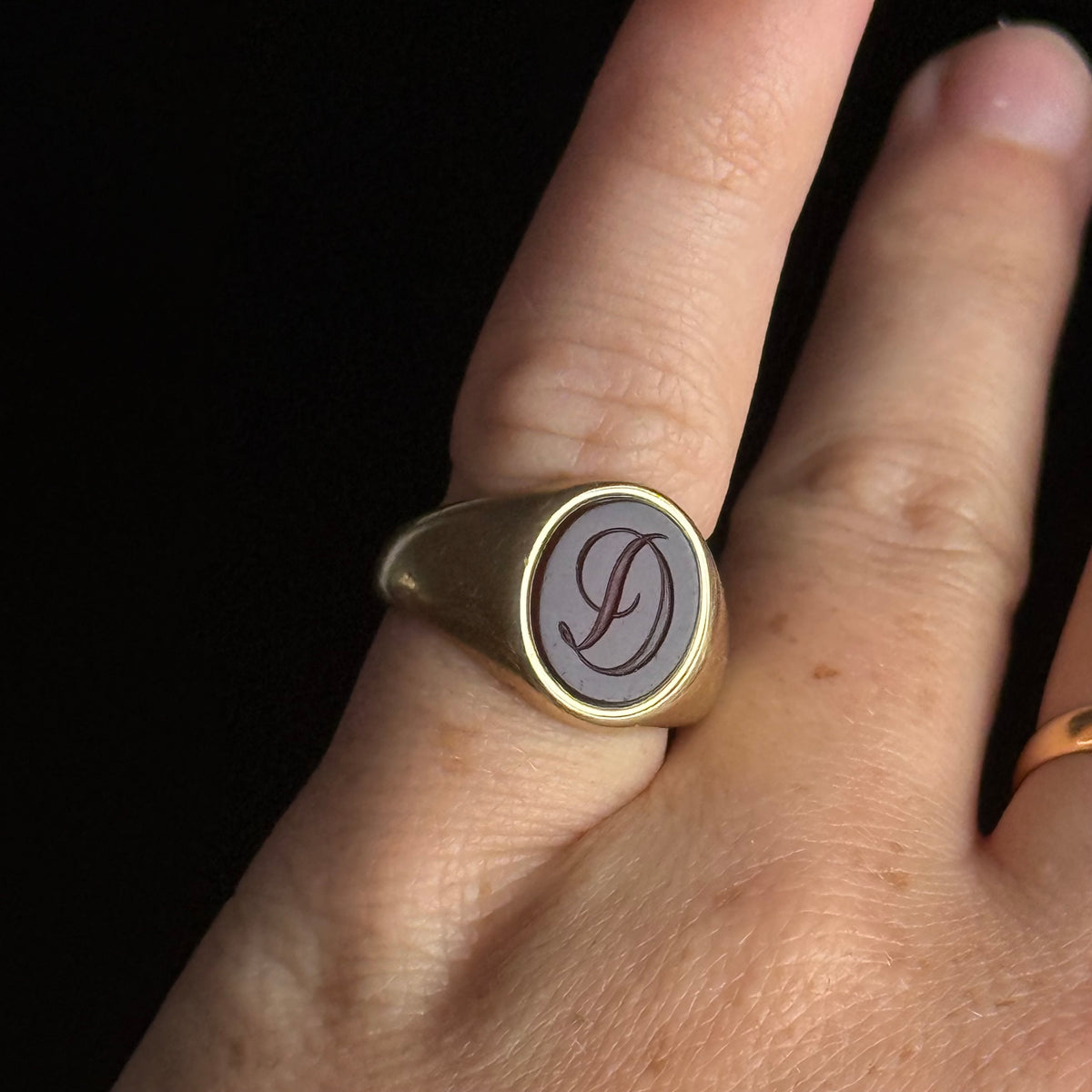 Vintage Carnelian 'D' Signet Ring 9 Carat gold; Circa 1947