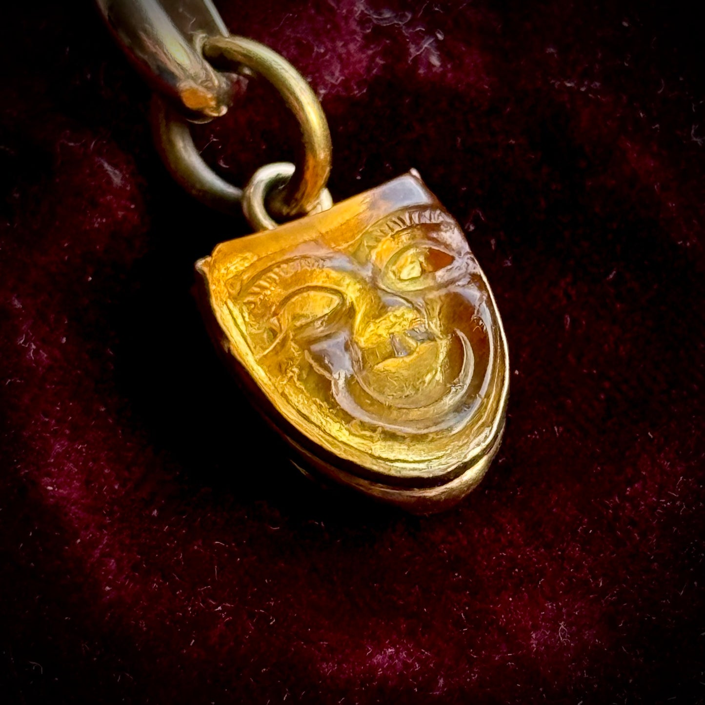 Antique Carved Citrine Comedy Mask Pendant in 18 Carat Gold