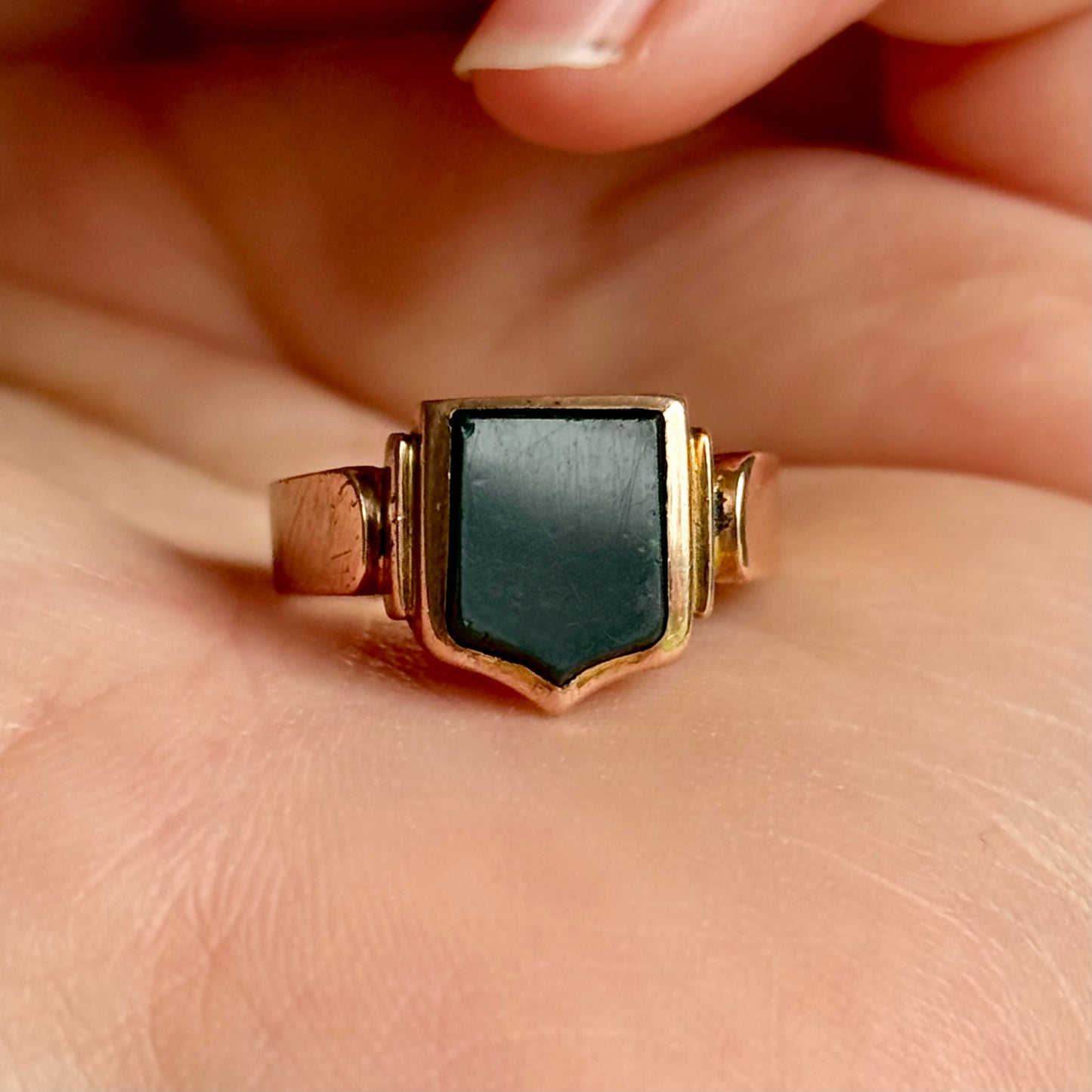 Antique Victorian Bloodstone Signet Ring in 9 Carat Rose Gold; Circa 1899