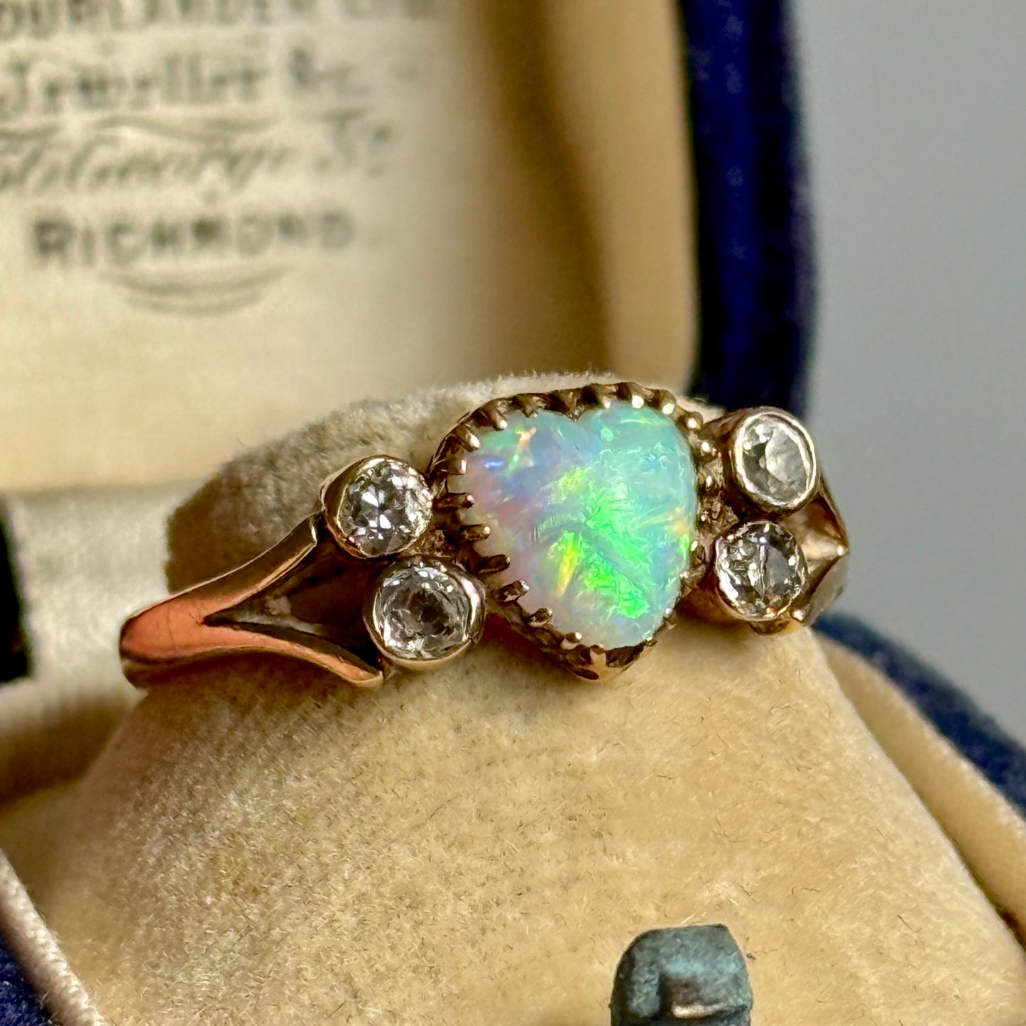 Antique Victorian Heart Opal Diamond Ring in 18 Carat Gold