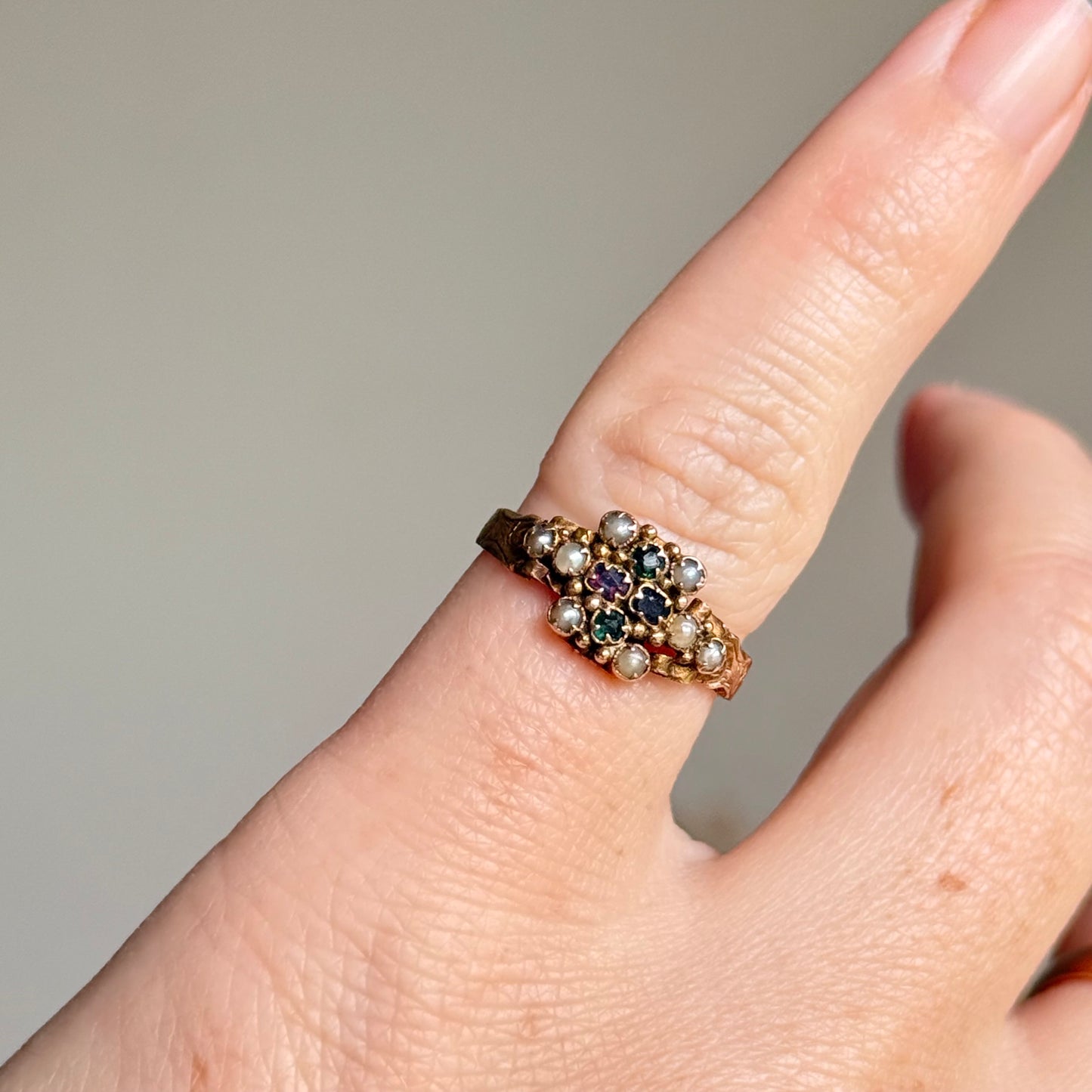 Antique Ornate Gemstone Ring in 15 Carat Gold; Circa 1873