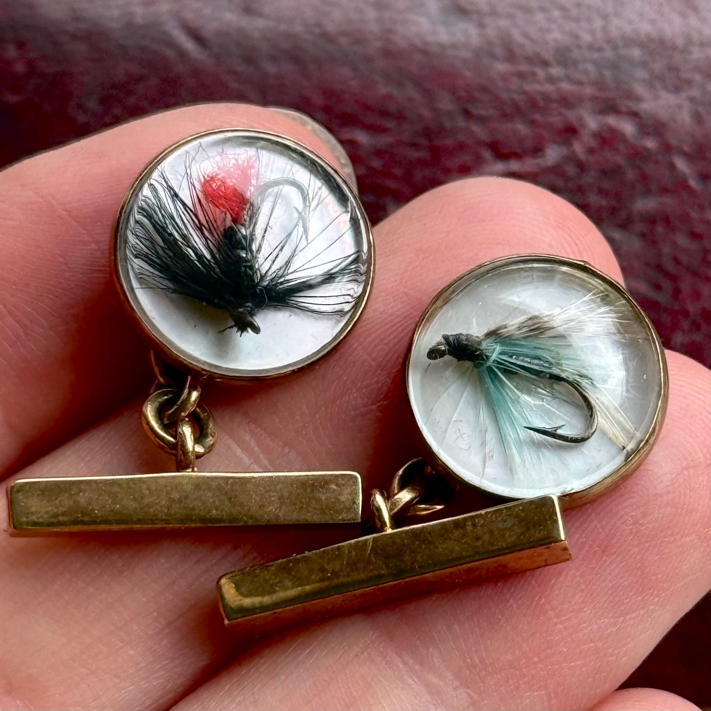 Vintage Fly Fishing Cufflinks in 9 Carat Gold; Circa 1971