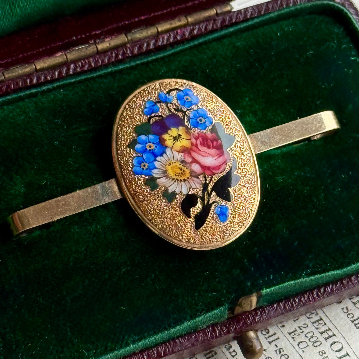 Boxed Antique Enamel Floral Brooch in 9 Carat Gold